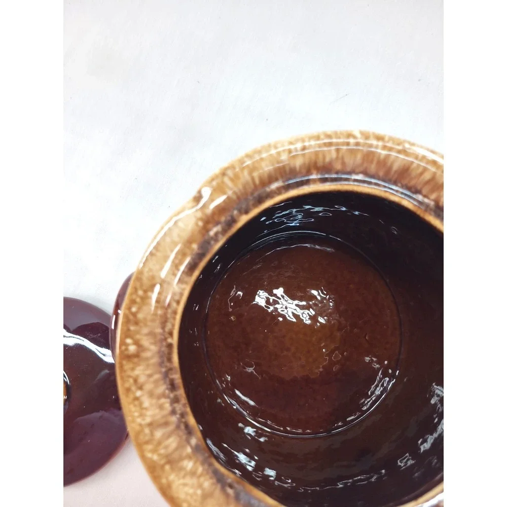 Vintage Hull Pottery Bean Pot Brown Drip Glaze Oven Proof with Lid Cookie Jar